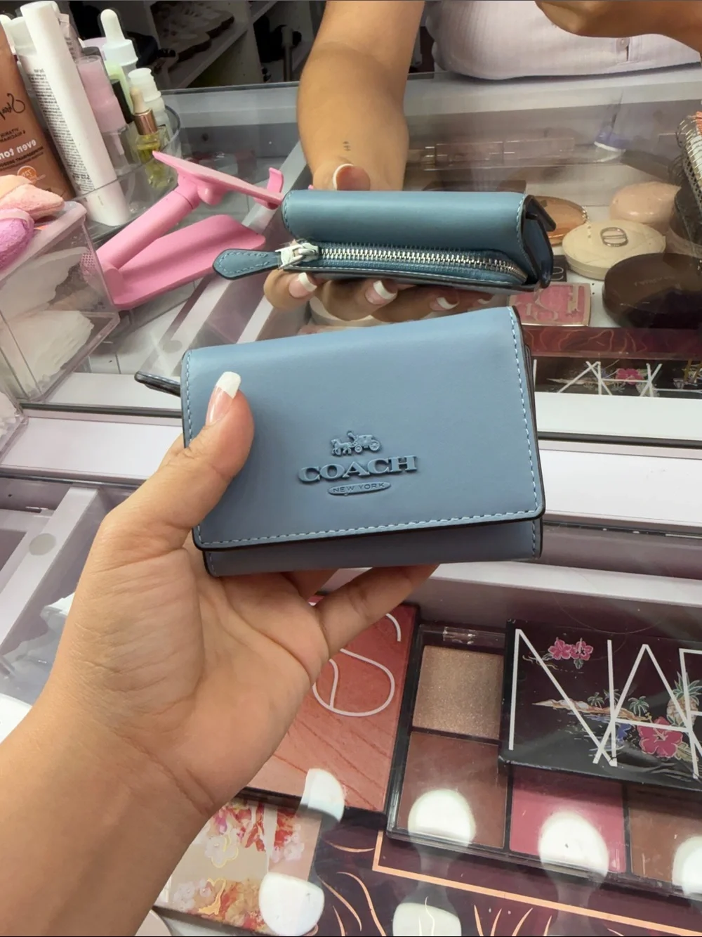 COACH Petite Zip Card Case in Light Blue Leather